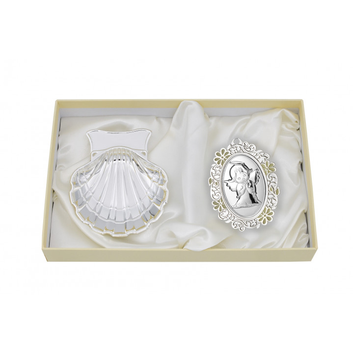 ESTUCHE CONCHA METAL PLATEADO Y MEDALLON ANGEL