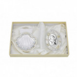 ESTUCHE CONCHA METAL PLATEADO Y MEDALLON ANGEL