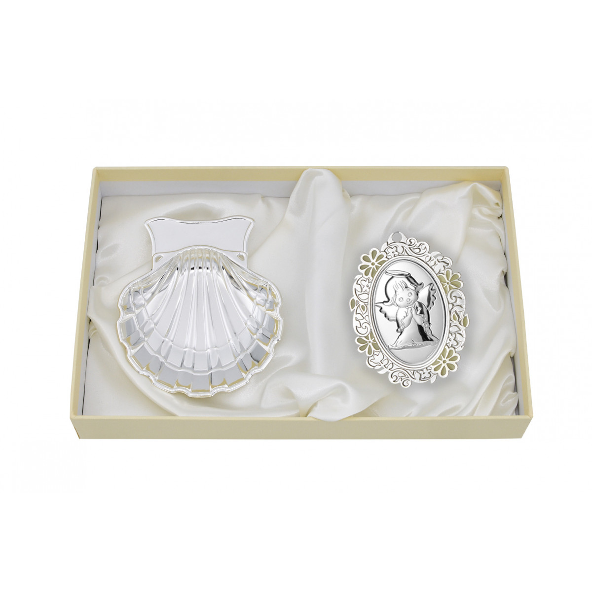ESTUCHE CONCHA METAL PLATEADO Y MEDALLON ANGEL