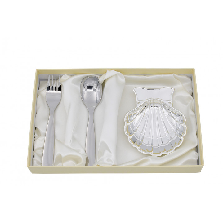 ESTUCHE CONCHA METAL PLATEADO CUCHARA Y TENEDOR
