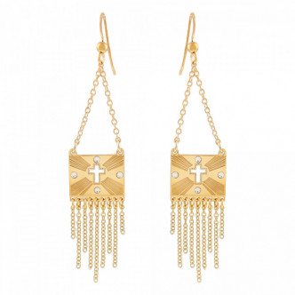 PENDIENTES COLGANTES CRUZ PLATA 925 DORADO STRASS