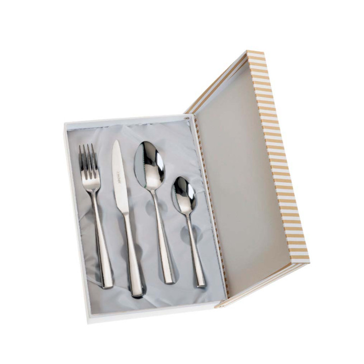 SET 4 CUBIERTOS LINEAS RECTAS ESTUCHE BEIGE