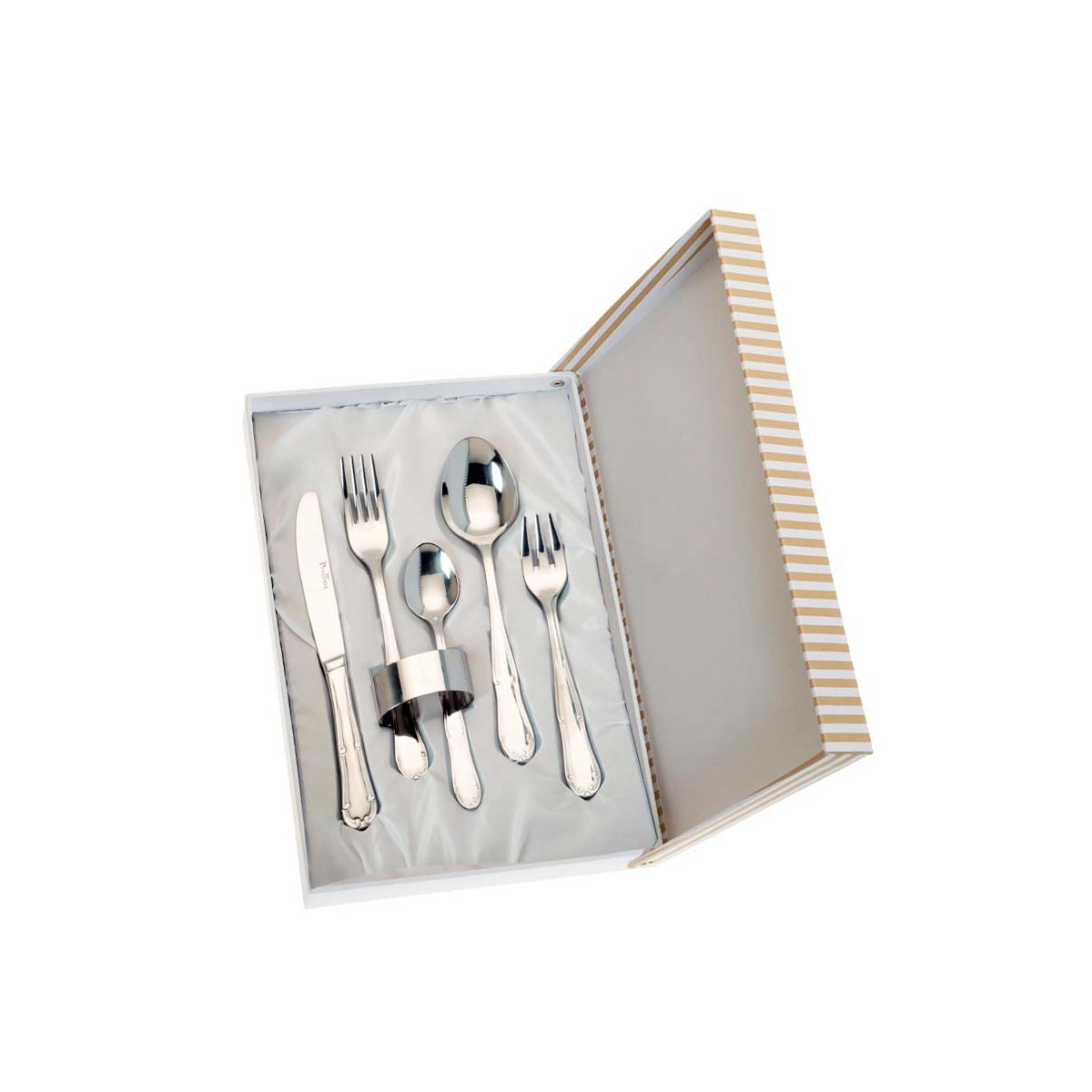 SET 5 CUBIERTOS Y SERVILLETERO ESTUCHE BEIGE