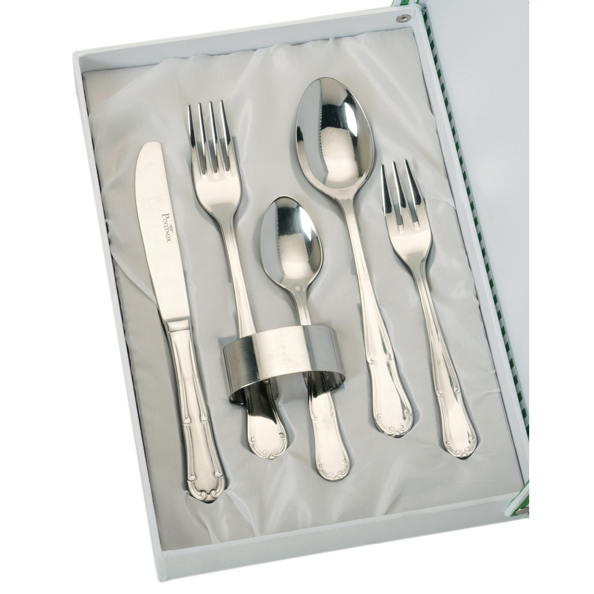 SET 5 CUBIERTOS Y SERVILLETERO ESTUCHE BEIGE