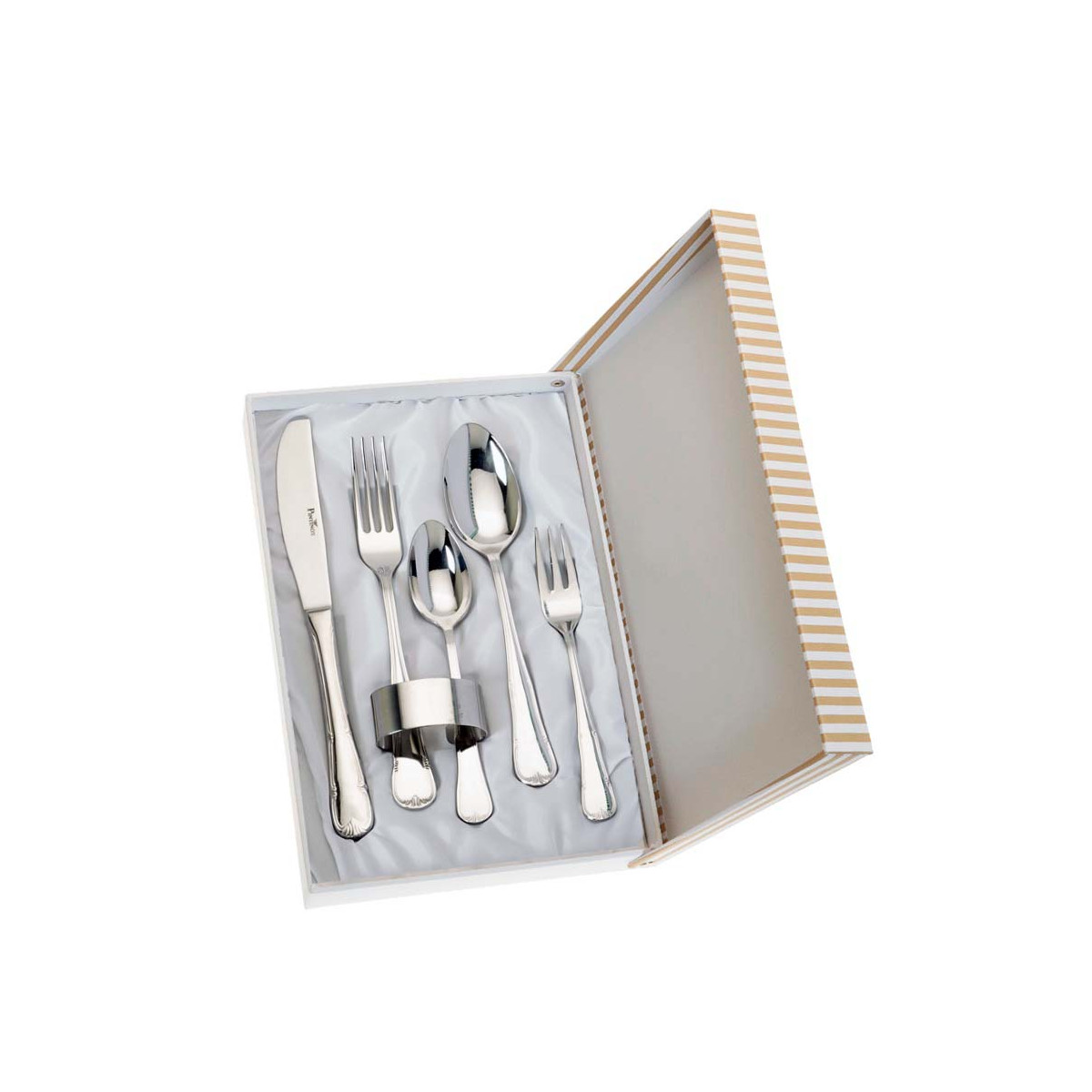 SET 5 CUBIERTOS Y SERVILLETERO ESTUCHE BEIGE