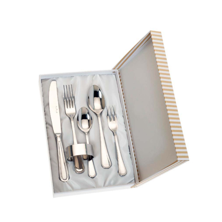 SET 5 CUBIERTOS Y SERVILLETERO ESTUCHE BEIGE