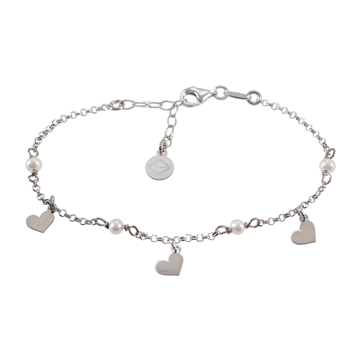 PULSERA PLATA 925 CORAZONES COLGANTES Y PERLA