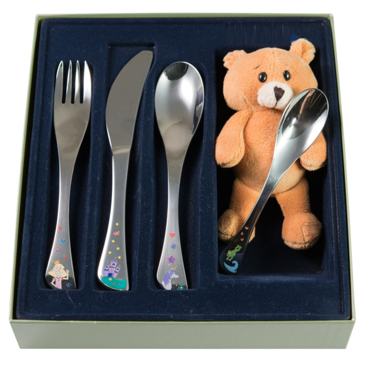 SET CUBIERTOS 4 PIEZAS MODELO LISA +OSITO PELUCHE