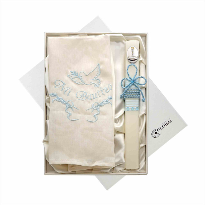 SET BAUTISMO PAÑO Y VELA CELESTE