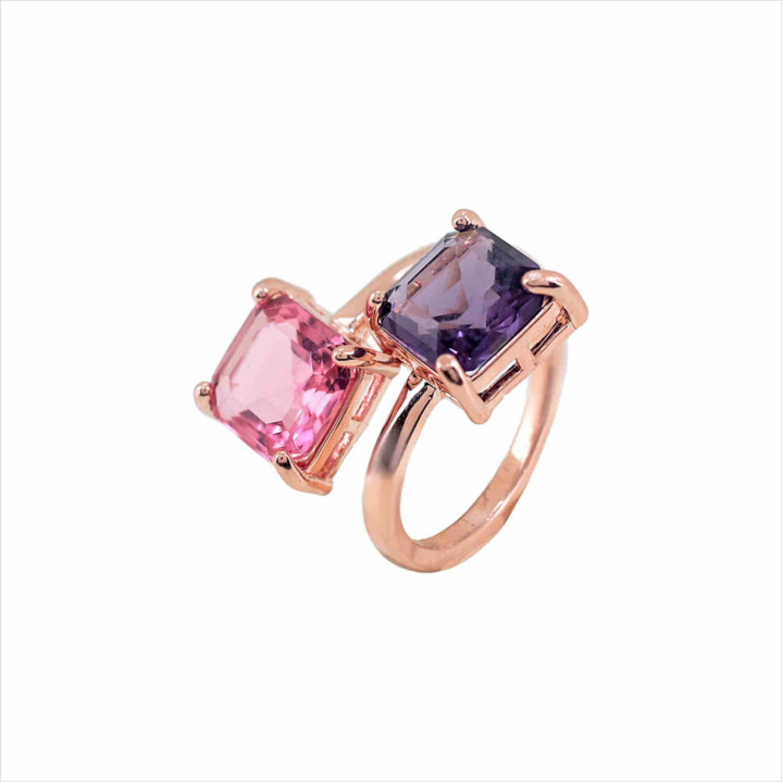 ANILLO ACERO ROSE PIEDRAS ROSA/VIOLET