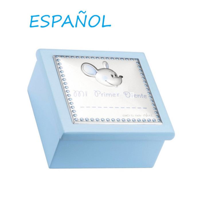 CAJA DIENTE MADERA RATÓN CELESTE ESPAÑOL 8X8X4