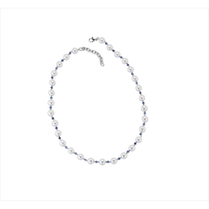 COLLAR BRONCE PERLA Y CRISTAL AZUL 45+5CMS